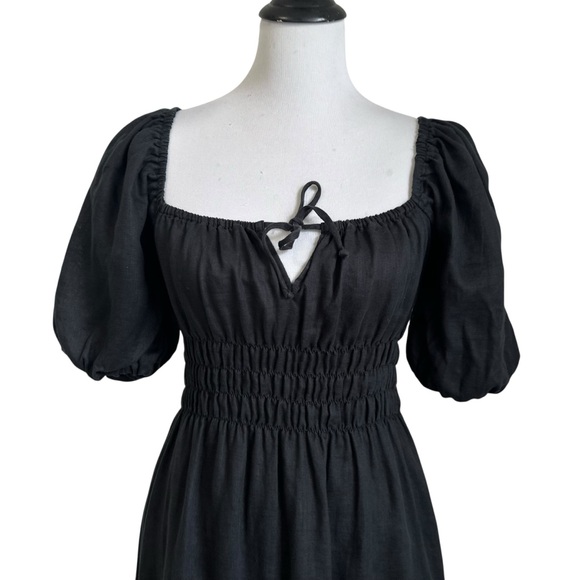 FAITHFULL THE BRAND Maurelle Linen Midi Dress Sz 4 Black Puff Sleeve Lined - Picture 4 of 10